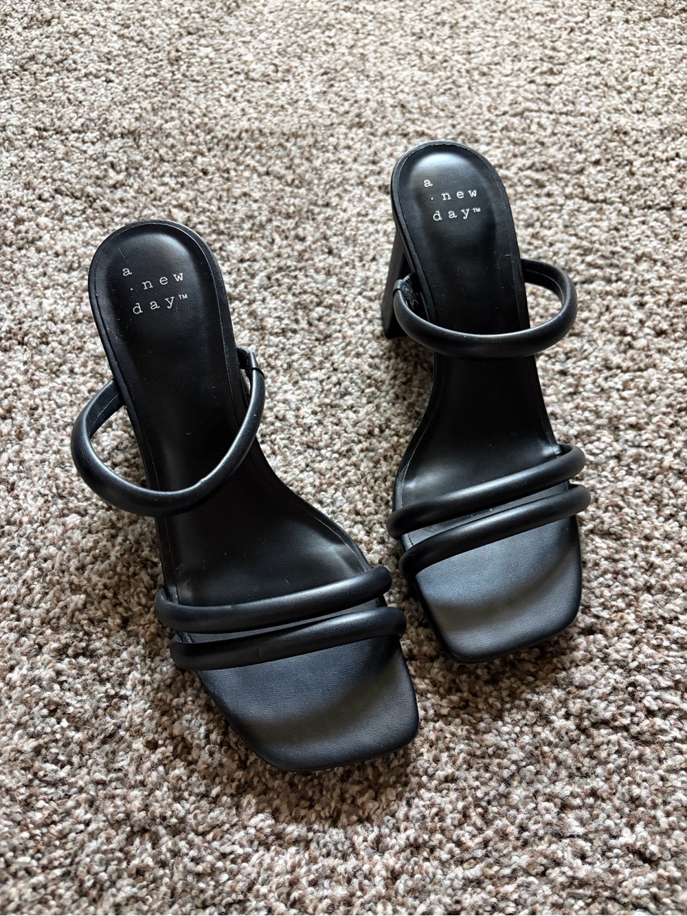 a new day Black Triple-Strap Square-Toe Heeled Sandals